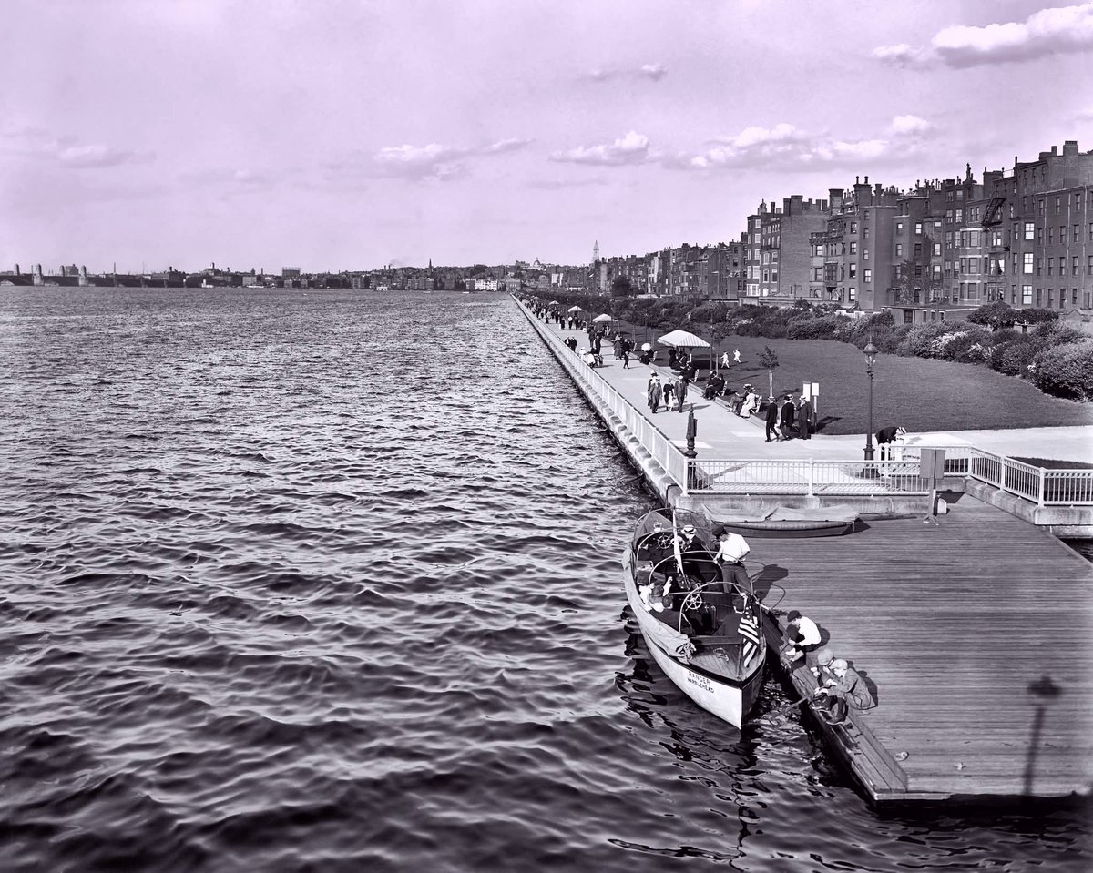 Back Bay along the Charles River, with the Longfellow Bridge in the distance you can also make out the Custom House &amp; State House, long before Storrow Drive June 3. 1916. <a href="/BPLBoston/">Boston Public Library</a>