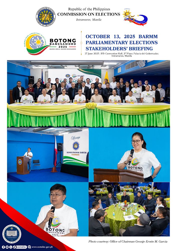 COMELEC's tweet image. 𝐒𝐓𝐀𝐓𝐄𝐌𝐄𝐍𝐓 | 𝟐𝟕 𝐉𝐔𝐍𝐄 𝟐𝟎𝟐𝟓

COMELEC HOSTED A STAKEHOLDERS’ BRIEFING IN RELATION TO THE OCTOBER 13, 2025 BARMM PARLIAMENTARY ELECTIONS

#COMELEC
#COMELECStatement
#2025BPE
#BagongSimula
#BagongBangsamoro