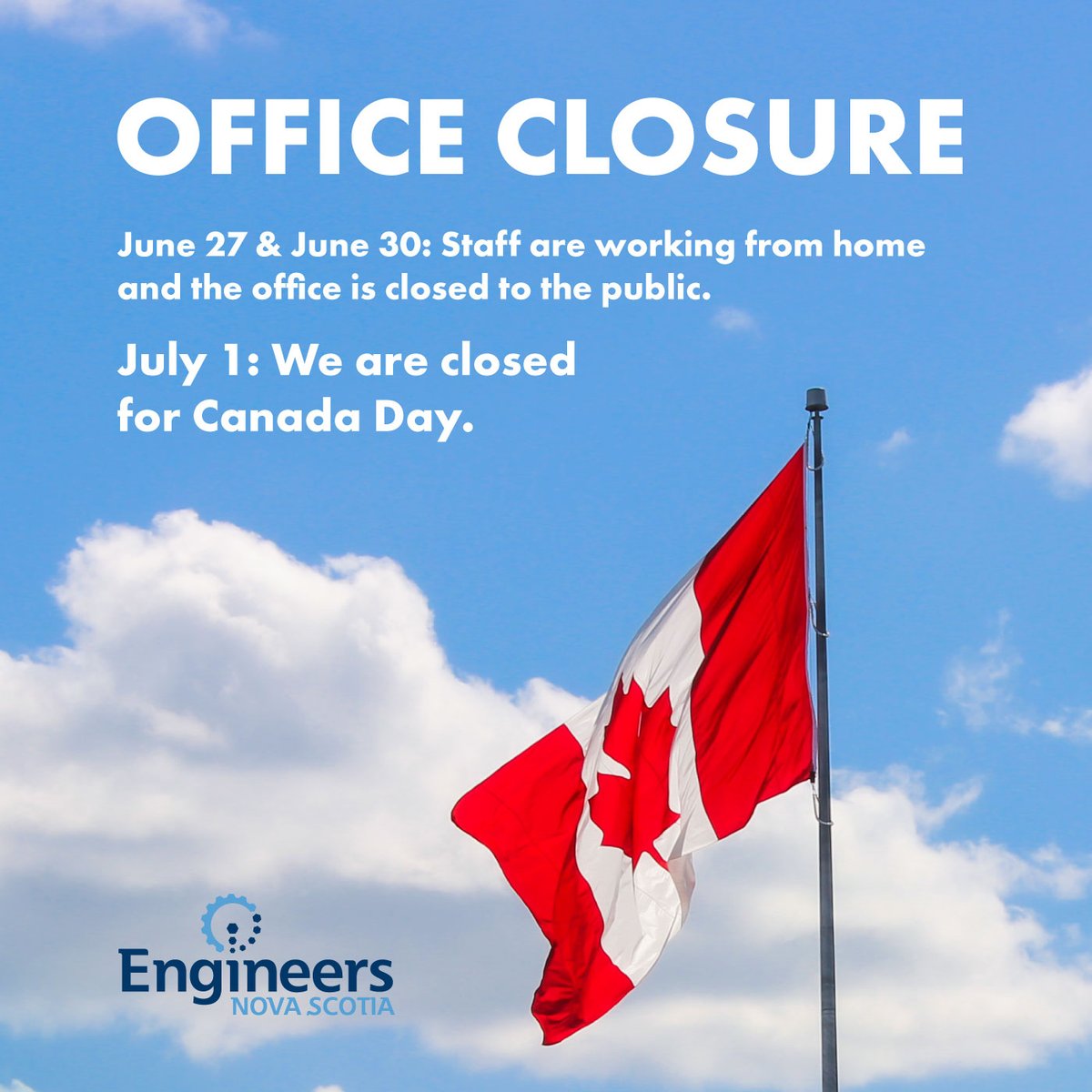 EngineersNS's tweet image. Engineers Nova Scotia’s office will be closed from June 27 to July 1 and will reopen on July 2. Staff will work remotely on June 27 and June 30. Wishing everyone a wonderful holiday and weekend!