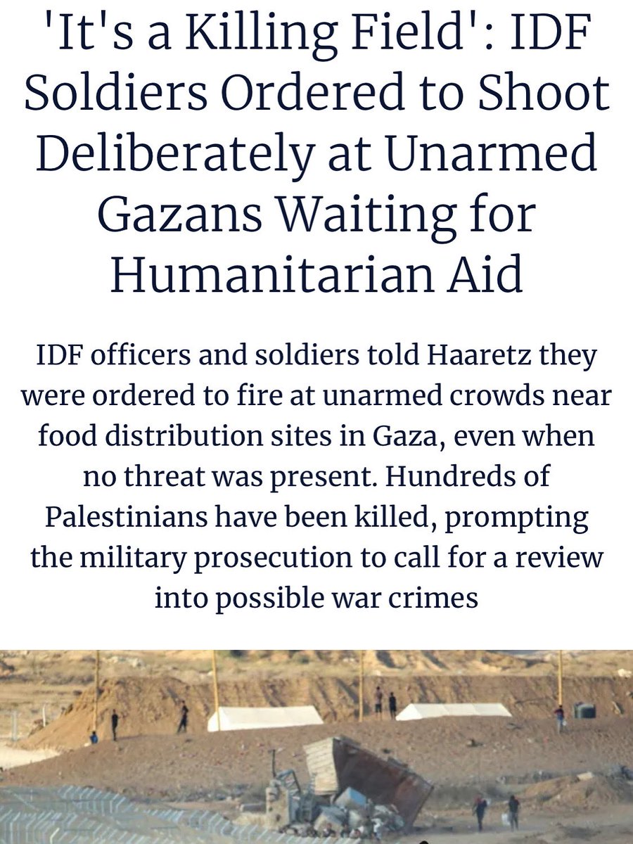 Arwa Damon (@iamarwadamon) on Twitter photo Excerpt from <a href="/haaretzcom/">Haaretz.com</a> reporting:
"It's a killing field," one soldier said. "Where I was stationed, between one and five people were killed every day. They're treated like a hostile force – no crowd-control measures, no tear gas – just live fire with everything imaginable: Excerpt from <a href="/haaretzcom/">Haaretz.com</a> reporting:
"It's a killing field," one soldier said. "Where I was stationed, between one and five people were killed every day. They're treated like a hostile force – no crowd-control measures, no tear gas – just live fire with everything imaginable: