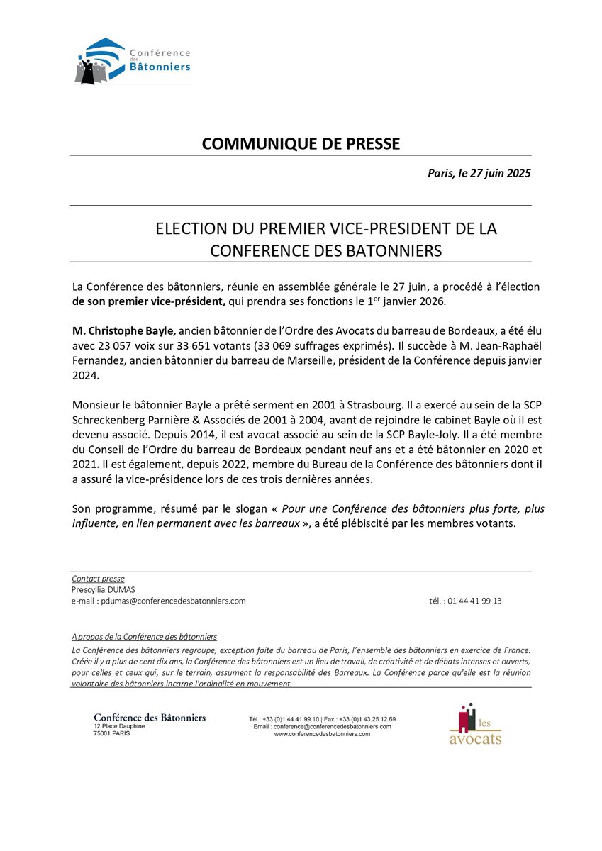 AG de la Conférence des bâtonniers : élection du premier vice-président

Les bâtonniers réunis en assemblée générale ont élu le premier vice-président de la Conférence des bâtonniers, qui prendra ses fonctions en janvier 2026 pour une durée de deux ans.

M. Christophe Bayle