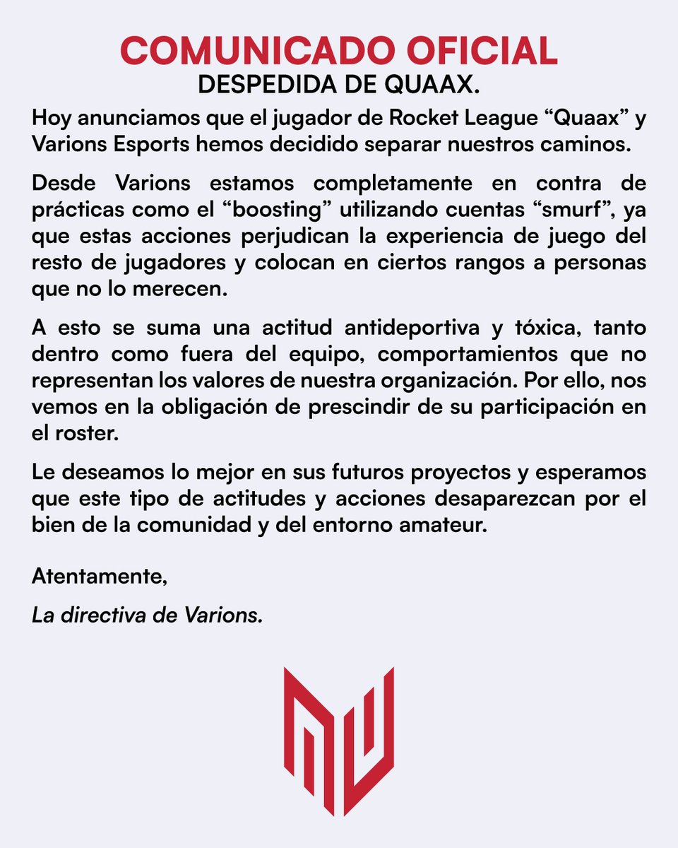 𝗖𝗢𝗠𝗨𝗡𝗜𝗖𝗔𝗗𝗢 𝗢𝗙𝗜𝗖𝗜𝗔𝗟 | Despedida de <a href="/quaaxRL/">quaax</a> 

Muchas gracias por todo. #GoVRN ❤️