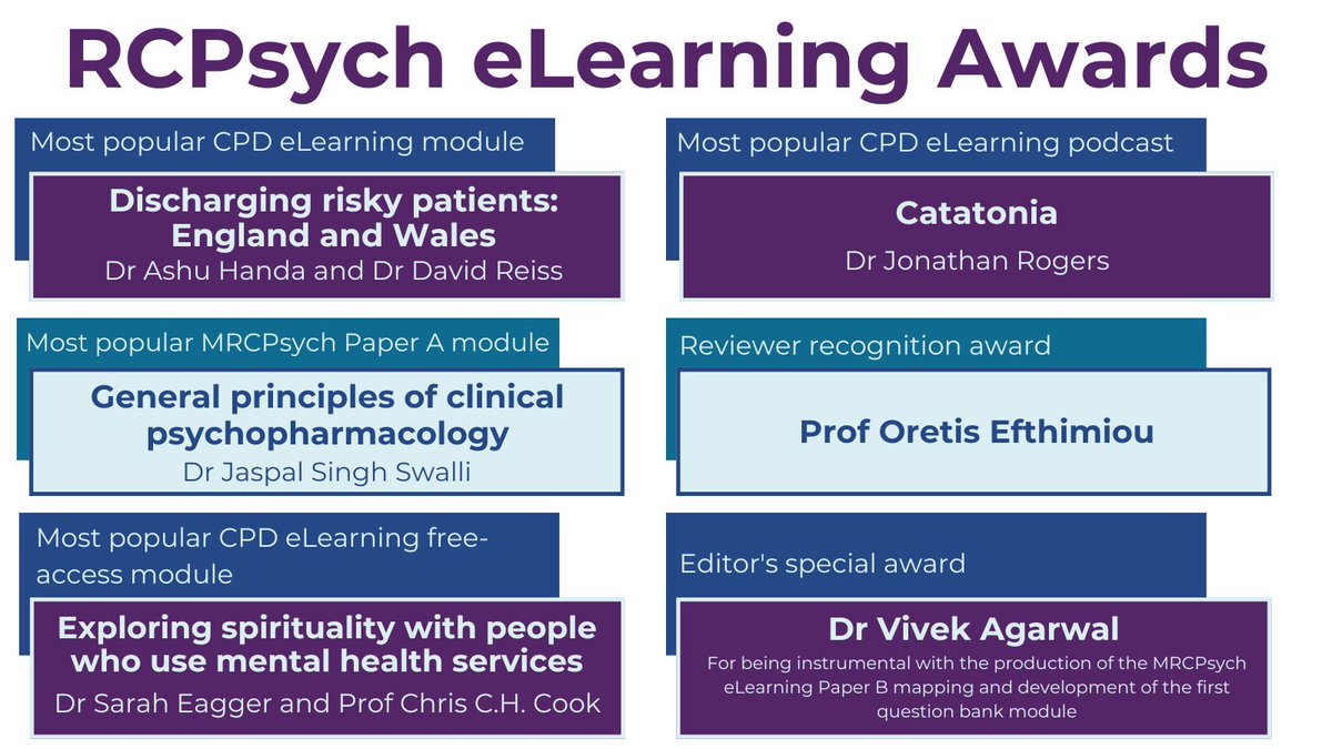 RCPsych eLearning Hub (@rcpsych_elearn) on Twitter photo Congrats to the winners of this year's <a href="/rcpsych/">Royal College of Psychiatrists</a> eLearning awards!
Thank you to all contributors for your hard work and engagement.
We are offering free access to these courses until the end of August: bit.ly/4nnN1a8
<a href="/dr_v_agarwal/">Vivek Agarwal</a> <a href="/HowardRyland/">Howard Ryland</a> <a href="/davidreiss/">David Reiss</a> Congrats to the winners of this year's <a href="/rcpsych/">Royal College of Psychiatrists</a> eLearning awards!
Thank you to all contributors for your hard work and engagement.
We are offering free access to these courses until the end of August: bit.ly/4nnN1a8
<a href="/dr_v_agarwal/">Vivek Agarwal</a> <a href="/HowardRyland/">Howard Ryland</a> <a href="/davidreiss/">David Reiss</a>