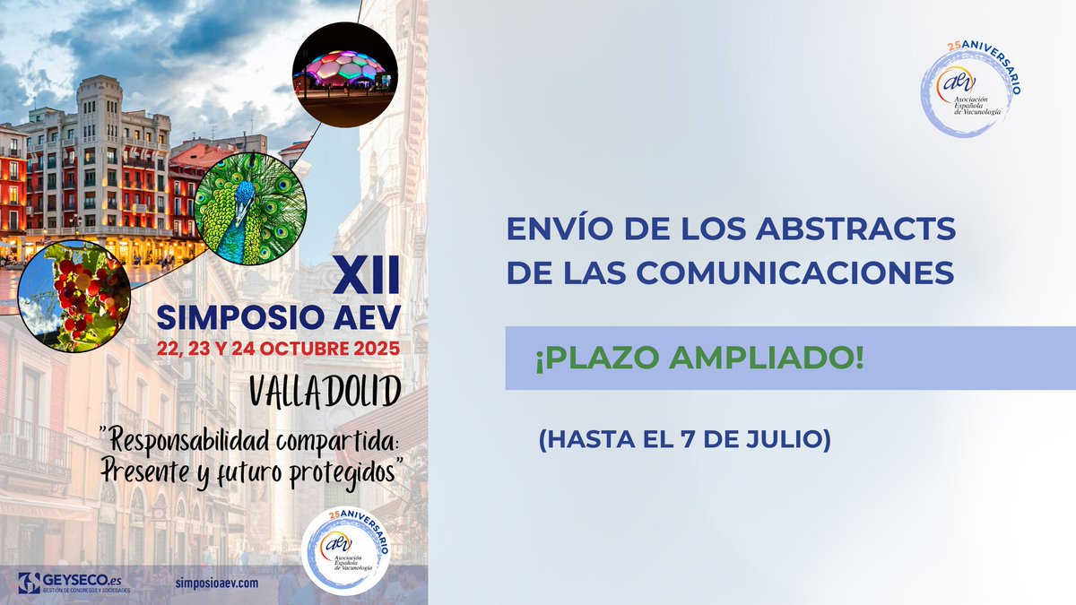 Vacunas.org (@aev_vacunas) on Twitter photo 📧 ¡¡Plazo ampliado!! 👉Hasta el próximo 7 de julio permanece abierto el plazo para el envío de los abstracts de las comunicaciones para el XII Simposio de <a href="/AEV_Vacunas/">Vacunas.org</a> en Valladolid.
f.mtr.cool/caxccljfry 📧 ¡¡Plazo ampliado!! 👉Hasta el próximo 7 de julio permanece abierto el plazo para el envío de los abstracts de las comunicaciones para el XII Simposio de <a href="/AEV_Vacunas/">Vacunas.org</a> en Valladolid.
f.mtr.cool/caxccljfry