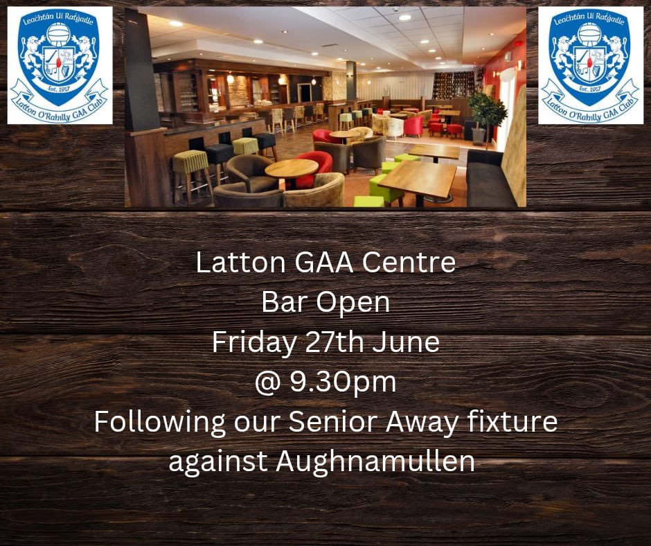 Latton O'Rahilly GAA (@lattongaa) on Twitter photo ⚪🔵 Best of luck to our Senior team this evening as they travel to Aughnamullen in Round 8 of the Senior Football League. Our club bar will be open following the match. ⚽🍻 ⚪🔵 Best of luck to our Senior team this evening as they travel to Aughnamullen in Round 8 of the Senior Football League. Our club bar will be open following the match. ⚽🍻