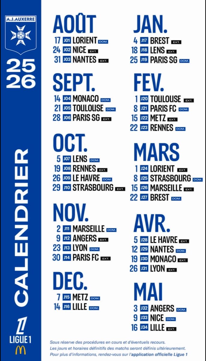 🗓️ 𝐋𝐞 𝐜𝐚𝐥𝐞𝐧𝐝𝐫𝐢𝐞𝐫 𝐜𝐨𝐦𝐩𝐥𝐞𝐭 🏟️

La #TeamAJA, voilà ce qui nous attend pour cette nouvelle saison de <a href="/Ligue1/">Ligue 1 McDonald's</a> 🙌