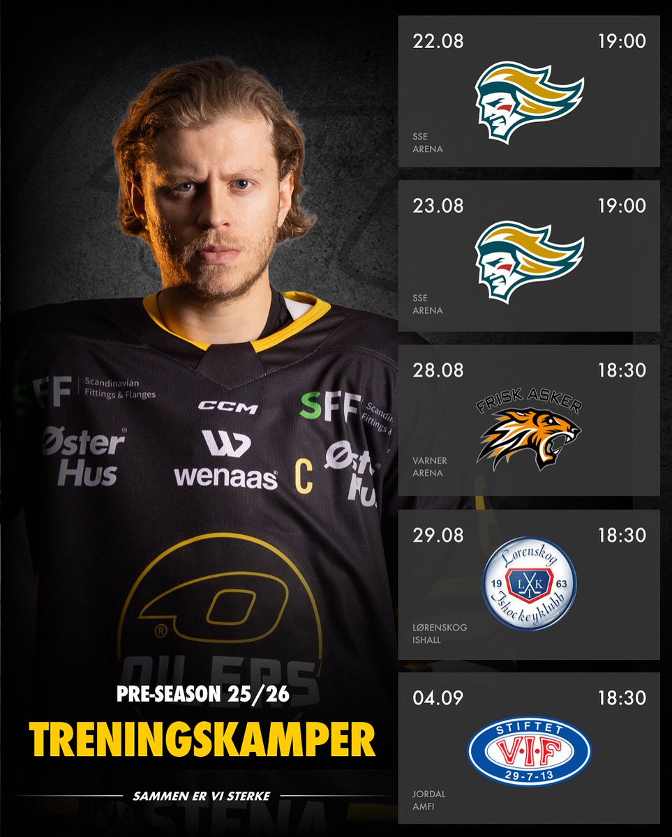 Stavanger Oilers (@stavangeroilers) on Twitter photo Pre-season planene er klare! På andre siden av sommerferien venter fem treningskamper på borteis. 📅
Først to møter mot <a href="/BelfastGiants/">Belfast Giants</a>, deretter tre hjemlige oppgjør. Vi satser på at alle kampene streames. Hvor det eventuelt blir kommer vi tilbake til når det nærmer seg.💛🖤 Pre-season planene er klare! På andre siden av sommerferien venter fem treningskamper på borteis. 📅
Først to møter mot <a href="/BelfastGiants/">Belfast Giants</a>, deretter tre hjemlige oppgjør. Vi satser på at alle kampene streames. Hvor det eventuelt blir kommer vi tilbake til når det nærmer seg.💛🖤