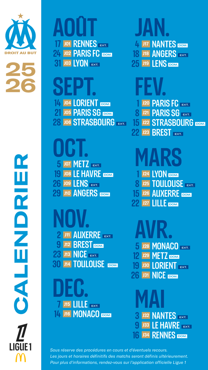 OM_Officiel's tweet photo. 📆 𝗖𝗔𝗟𝗘𝗡𝗗𝗥𝗜𝗘𝗥 𝟮𝟬𝟮𝟱-𝟮𝟬𝟮𝟲

Le 𝗰𝗮𝗹𝗲𝗻𝗱𝗿𝗶𝗲𝗿 𝗰𝗼𝗺𝗽𝗹𝗲𝘁 de nos Olympiens pour la prochaine saison de Ligue 1 🔵⚪️ #RevealCalendrier https://t.co/MoMCNM4eQz
