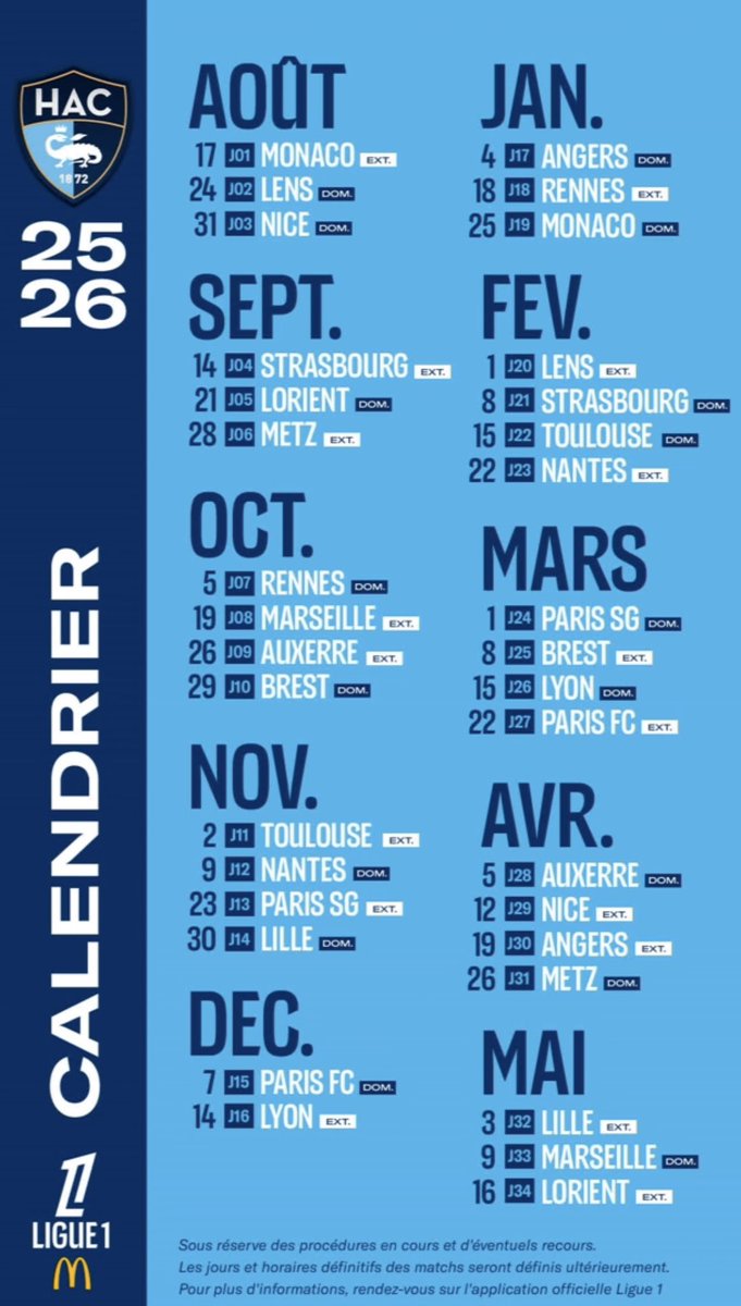 Le calendrier 2025/2026 du HAC ! 🩵💙