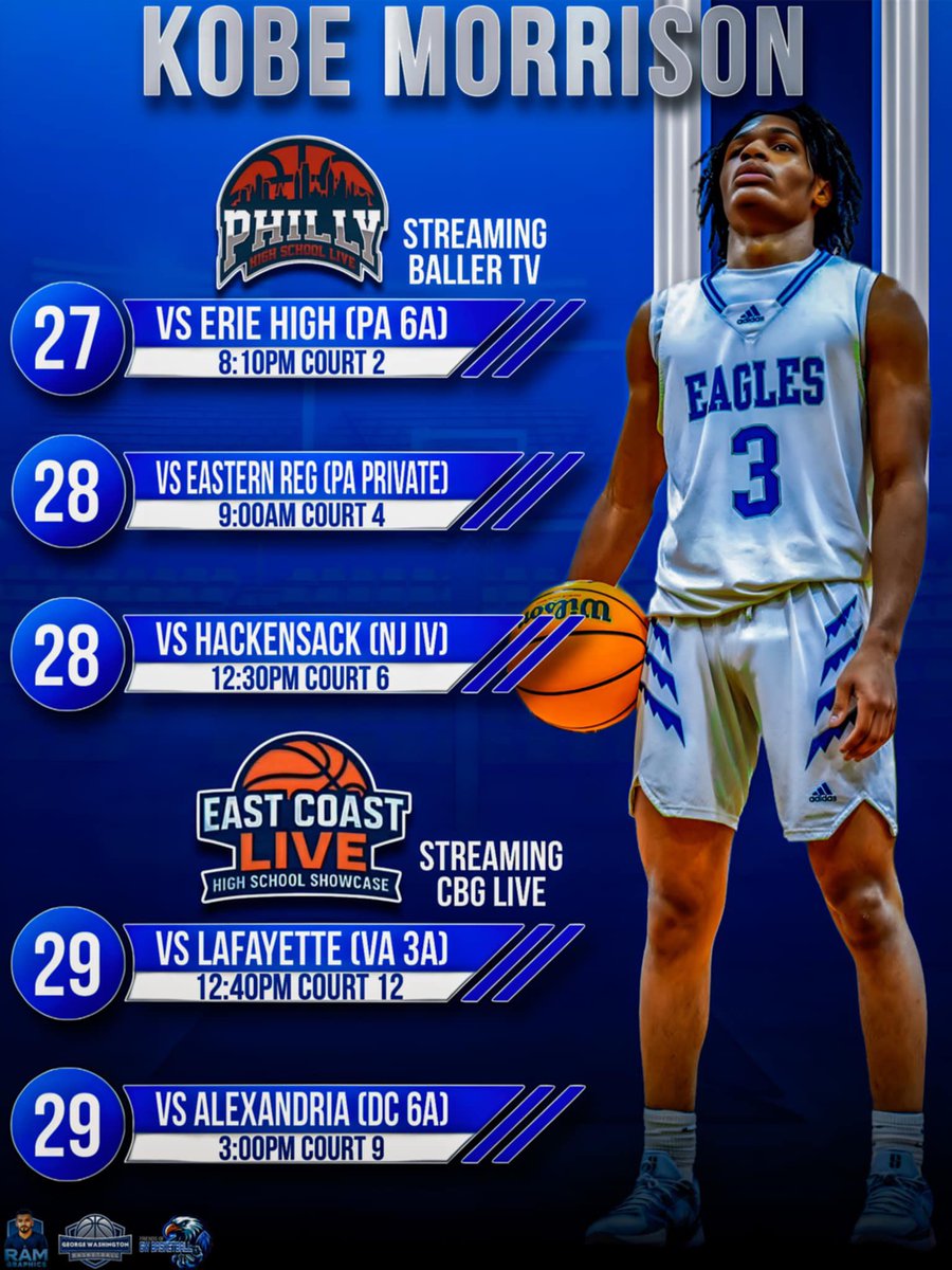 Recruiting Spotlight: Rising SR 6’2 PG Kobe Morrison 2X All State. Biggest Interest So Far: Cleveland St
Friday &amp; Saturday: Philly Live (as listed below) 
Sunday: East Coast Live: (as listed below)