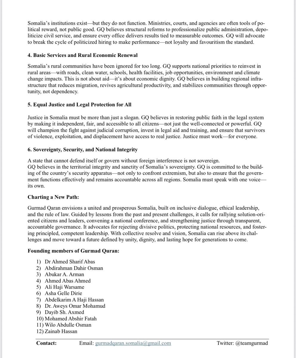 🚨A new Somali political movement, Gurmad Qaran, has launched a national agenda calling for sweeping reforms to address what it describes as a deepening crisis of governance, insecurity, and public distrust. In a statement released on Thursday, the group said #Somalia is at a