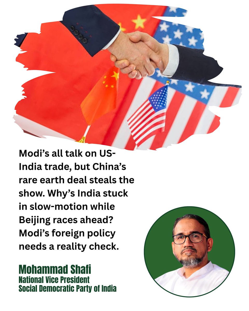 sdpofindia's tweet photo. Modi’s all talk on US-India trade, but China’s rare earth deal steals the show. Why’s India stuck in slow-motion while Beijing races ahead? Modi’s foreign policy needs a reality check.

 #ModiFail #TradeRace https://t.co/mMLIVePMvf