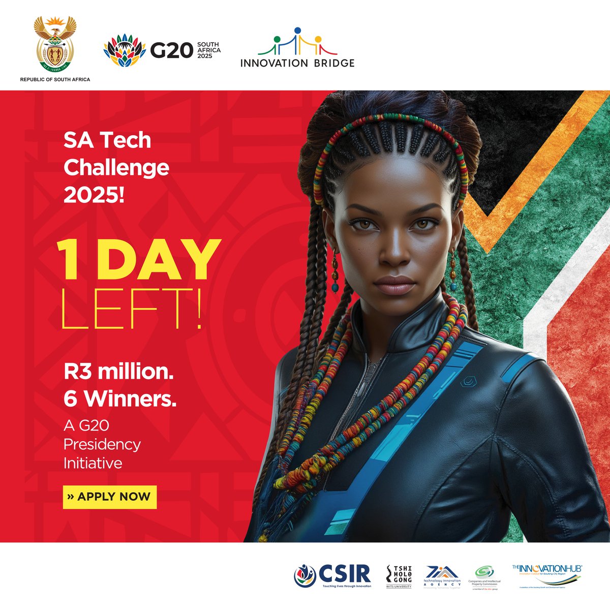 bridge_portal's tweet image. 1 day left!
Shoot you shot and apply for the #SATechChallenge2025. 
Make history, make your mark!
Deadline: 30 June 2025
satechchallenge.co.za
#SATechChallenge2025 #TechGloryAwaits #SAInnovationUnleashed #InnovatioBridge