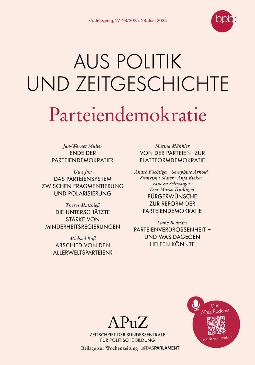 APuZ (@apuz_bpb) on Twitter photo Unsere neue Ausgabe zum Thema #parteiendemokratie ist online! Mit Texten von J.-W. Müller <a href="/Princeton/">Princeton University</a>, U. Jun <a href="/unitrier/">unitrier</a>, T. Matthieß <a href="/uniGoettingen/">Uni Göttingen</a>, M. Koß <a href="/leuphana/">Leuphana</a>, M. Münkler <a href="/tudresden_de/">TU Dresden</a>, A. Bächtiger et al. <a href="/Uni_Stuttgart/">Uni Stuttgart</a> und <a href="/L_Bednarz/">Liane Bednarz</a>.
bpb.de/shop/zeitschri… Unsere neue Ausgabe zum Thema #parteiendemokratie ist online! Mit Texten von J.-W. Müller <a href="/Princeton/">Princeton University</a>, U. Jun <a href="/unitrier/">unitrier</a>, T. Matthieß <a href="/uniGoettingen/">Uni Göttingen</a>, M. Koß <a href="/leuphana/">Leuphana</a>, M. Münkler <a href="/tudresden_de/">TU Dresden</a>, A. Bächtiger et al. <a href="/Uni_Stuttgart/">Uni Stuttgart</a> und <a href="/L_Bednarz/">Liane Bednarz</a>.
bpb.de/shop/zeitschri…