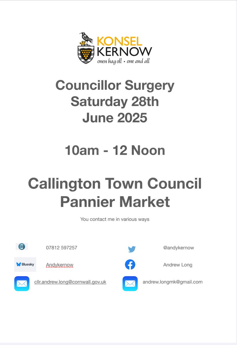 Tomorrow I am holding another <a href="/MebyonKernow/">The Party for Cornwall</a> <a href="/CornwallCouncil/">@cornwallcouncil</a> Surgery at <a href="/CallingtonTC/">Callington TC</a> Pannier Market from 10am to 12 Noon