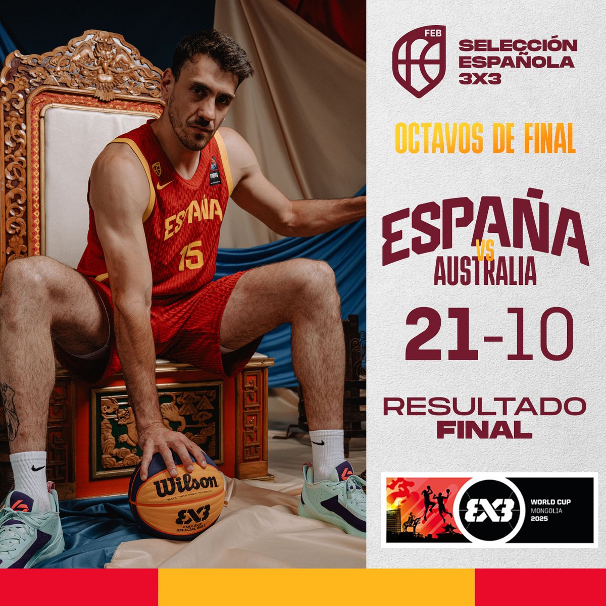 BaloncestoESP's tweet photo. Estamos entre los 8⃣ mejores del MUNDO @FIBA3x3 😍

🏆 Octavos #3x3WC 
🇦🇺🆚🇪🇸  (10-21)
📌 Ulán Bator 🇲🇳

#SelMAS3x3 🇪🇸 #SomosEquipo https://t.co/IgS5Hs2piH