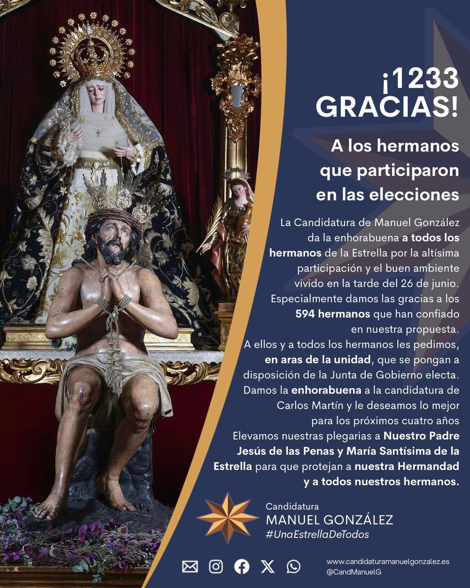CandManuelG's tweet photo. ¡𝟏𝟐𝟑𝟑 𝐆𝐑𝐀𝐂𝐈𝐀𝐒!

A todos los hermanos de La Estrella y a los que participaron en las #EleccionesEstrella25

#UnaEstrellaDeTodos https://t.co/IyRY1ISY36