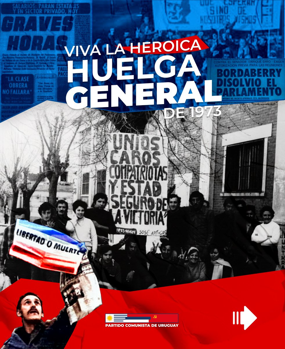 pcu_uy's tweet photo. 1973 · FASCISMO NUNCA MÁS · 2025

El 27/6/73 Juan María Bordaberry dio un golpe de Estado. Disolvió el Parlamento, clausuró las libertades y dio inicio a una dictadura brutal

Inmediatamente la clase obrera, organizada en la CNT, junto al pueblo respondió con una Huelga General🧵 https://t.co/sJyemGOViM