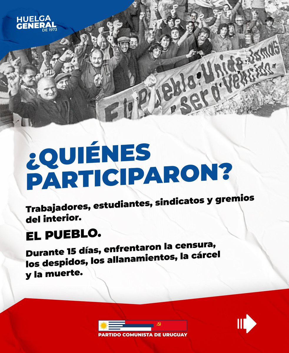 pcu_uy's tweet photo. 1973 · FASCISMO NUNCA MÁS · 2025

El 27/6/73 Juan María Bordaberry dio un golpe de Estado. Disolvió el Parlamento, clausuró las libertades y dio inicio a una dictadura brutal

Inmediatamente la clase obrera, organizada en la CNT, junto al pueblo respondió con una Huelga General🧵 https://t.co/sJyemGOViM