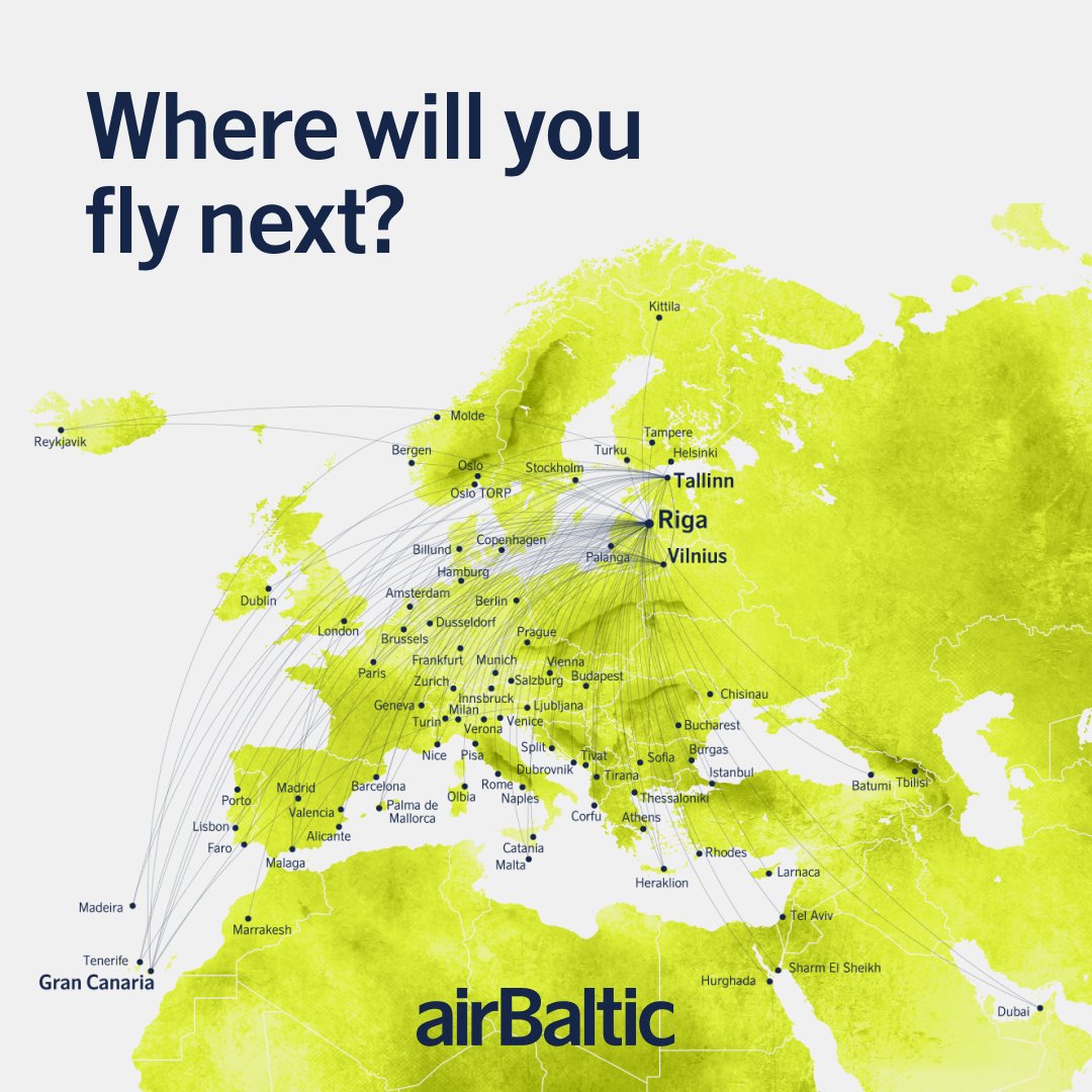 Discover our growing network of direct routes across Europe and beyond. With convenient flight times and more choices than ever, your next travel adventure might be just a few hours away ✈️ go.airbaltic.com/L76BK1i