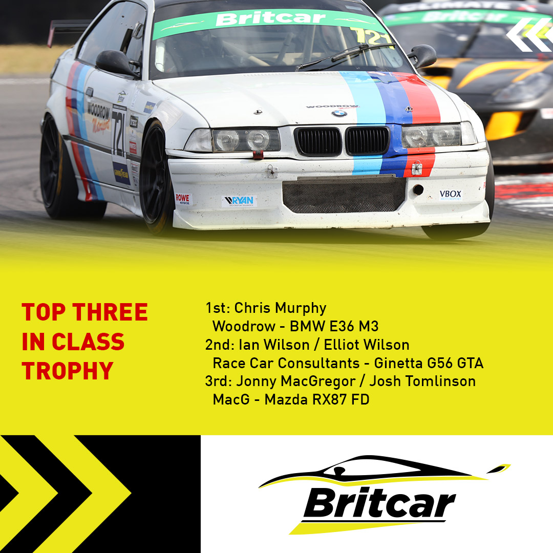 Next up is the Trophy class where our top 3 are:
1st: Chris Murphy
  Woodrow - BMW E36 M3
2nd: Ian Wilson / Elliot Wilson
  Race Car Consultants - Ginetta G56 GTA
3rd: Jonny MacGregor / Josh Tomlinson
  MacG - Mazda RX87 FD