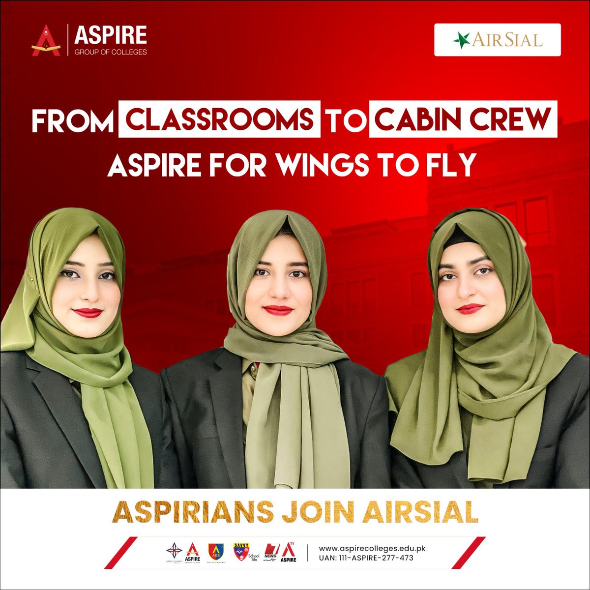 Aspire's Promise: Education. Training. Placement. 

From Classrooms to Cabin Crew — Aspire for Wings to Fly

Pround Aspirians of Daska join Air Sial as Cabin Crew and achieve their dream job. 

JOIN ASPIRE NOW. 

#AspireGuaranteesPlacement #AirSial #PakistanAspireKar #JoinAspire