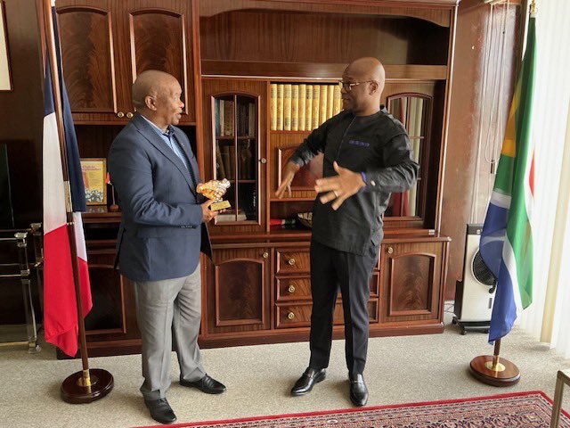 NathiMthethwaSA's tweet photo. We are honoured to receive a courtesy call from the Deputy Minister of @SANDF_ZA, Hon. @BantuHolomisa, following his participation in the Forum on International Cooperation in Africa (FICA). This reaffirms South Africa’s dedication to peace, security &amp; multilateral cooperation. https://t.co/C1CUrhfn83