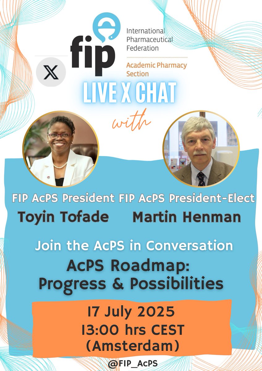 FIP Academic Section (@fip_acps) on Twitter photo Join us for a Live X Chat featuring the President and President-Elect of the FIP Academic Pharmacy Section (AcPS) onโณJuly 17, 2025 at 13:00 hrs CEST (Amsterdam time)
Engage in a stimulating conversation with academic leaders!!
#FIP_AcPS #FIP_org <a href="/martinhenman/">martinhenman</a> <a href="/ACPHSPrez/">Toyin Tofade</a> Join us for a Live X Chat featuring the President and President-Elect of the FIP Academic Pharmacy Section (AcPS) onโณJuly 17, 2025 at 13:00 hrs CEST (Amsterdam time)
Engage in a stimulating conversation with academic leaders!!
#FIP_AcPS #FIP_org <a href="/martinhenman/">martinhenman</a> <a href="/ACPHSPrez/">Toyin Tofade</a>