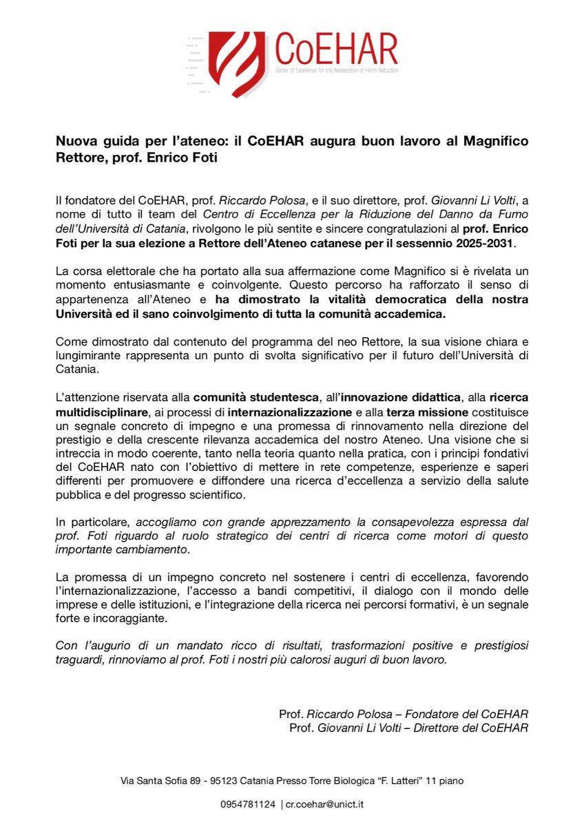CoeharUnict's tweet image. Il fondatore del CoEHAR, prof. @RiccardoPolosa, e il suo direttore, prof. @GiovanniLiVolti , a nome di tutto il team del #Coehar, rivolgono le più sentite e sincere congratulazioni al prof. Enrico Foti per la sua elezione a Rettore dell’Ateneo catanese, sessennio 2025-2031.
