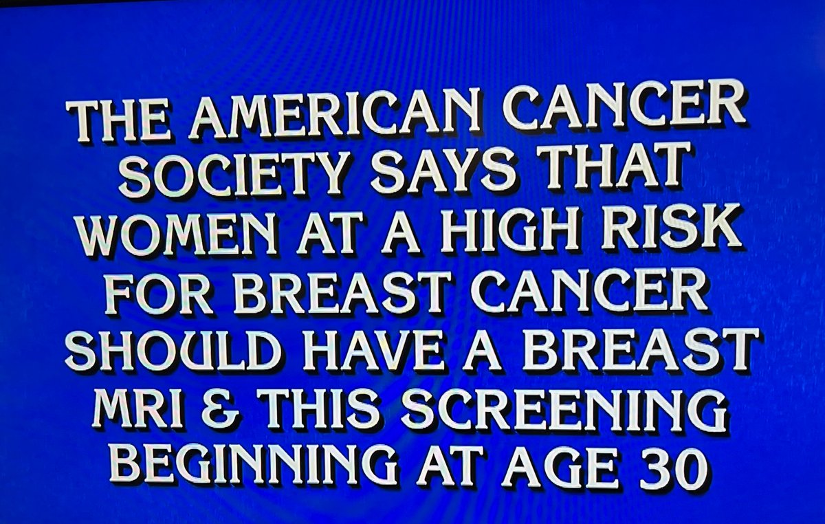 DrWendieBerg (@drwendieberg) on Twitter photo Nice to see <a href="/Jeopardy/">Jeopardy!</a> highlighting <a href="/AmericanCancer/">American Cancer Society</a> guidelines for high-risk women to start screening MRI @ age 25 and add "MA'M" annually at age 30! For more on risks from #DenseBreasts and screening options, risk assessment, visit DenseBreast-info.org <a href="/DenseBreastInfo/">DenseBreast-Info.org</a> Nice to see <a href="/Jeopardy/">Jeopardy!</a> highlighting <a href="/AmericanCancer/">American Cancer Society</a> guidelines for high-risk women to start screening MRI @ age 25 and add "MA'M" annually at age 30! For more on risks from #DenseBreasts and screening options, risk assessment, visit DenseBreast-info.org <a href="/DenseBreastInfo/">DenseBreast-Info.org</a>