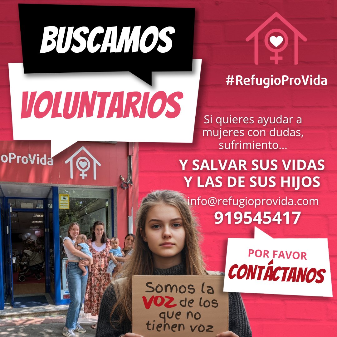 Derecho a Vivir (@derechoavivir) on Twitter photo ♥️ BUSCAMOS VOLUNTARIOS 🤝
El #RefugioProVida necesita voluntarios para seguir salvando vidas durante el verano.
Si estás interesado en ayudar a mujeres con dudas, no dudes en llamar al teléfono 919545417 o a contactarnos a través del correo electrónico info@refugioprovida.com ♥️ BUSCAMOS VOLUNTARIOS 🤝
El #RefugioProVida necesita voluntarios para seguir salvando vidas durante el verano.
Si estás interesado en ayudar a mujeres con dudas, no dudes en llamar al teléfono 919545417 o a contactarnos a través del correo electrónico info@refugioprovida.com