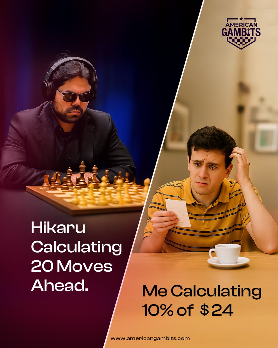 AmericanGambits's tweet photo. Brains work differently…
Hikaru: Predicts the endgame.
Me : Googling What’s 10% of 24?
#AmericanGambits #ChessMeme #RelatableAF #HikaruNakamura #MathStruggles #ChessVsLife #BrainLoading https://t.co/iuEapBBixS