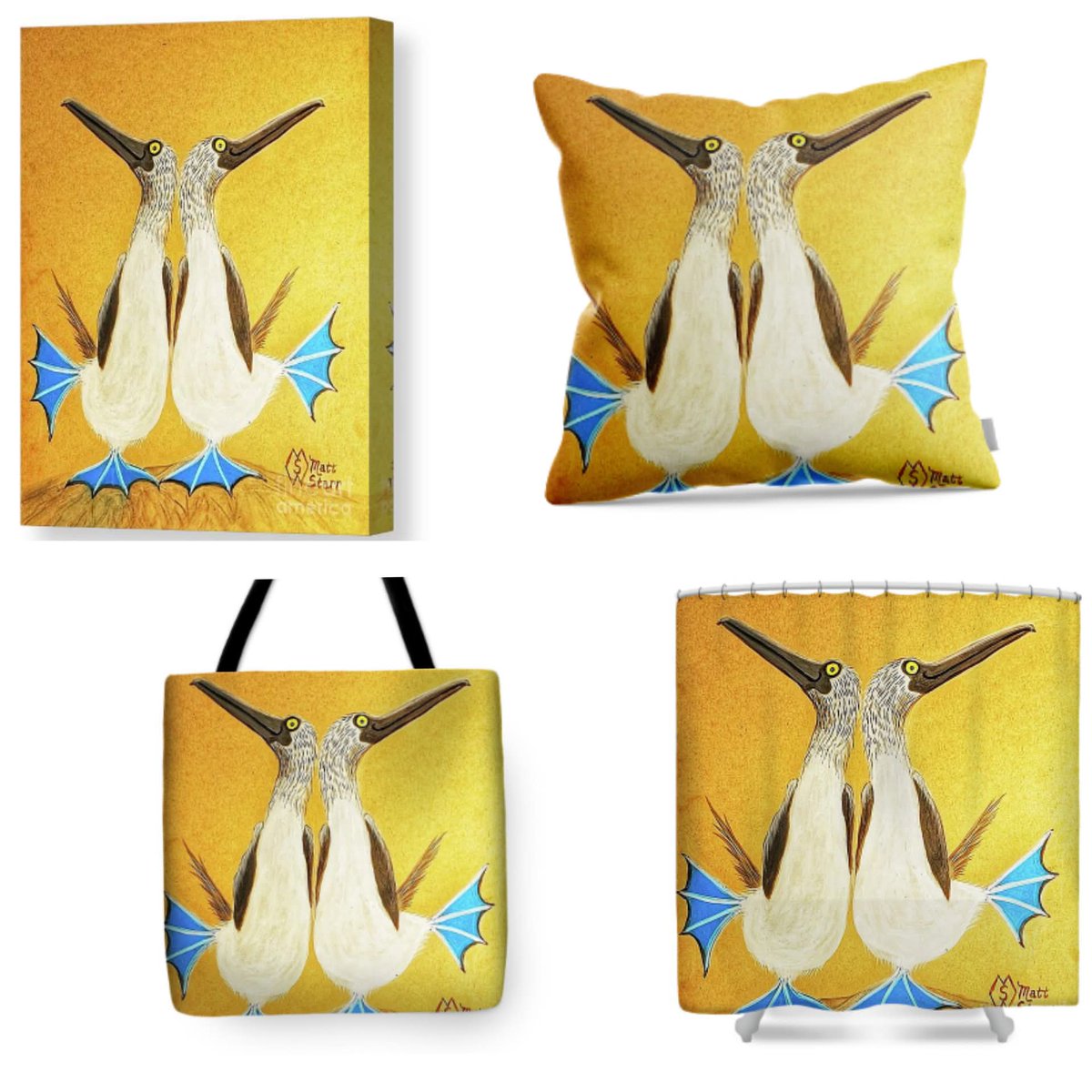 MattStarrFineA1's tweet photo. June 27th is National Blue-footed Booby Day. This is my acrylic painting of a pair of blue-footed boobies with some products. https://t.co/hNW8L12zzX 
#mattstarrfineart #art #tshirts #apparel #artist #booby #boobies #bird #birds #bluefootedbooby #bluefeet #animal #wildlife https://t.co/DmG1Im7aKI