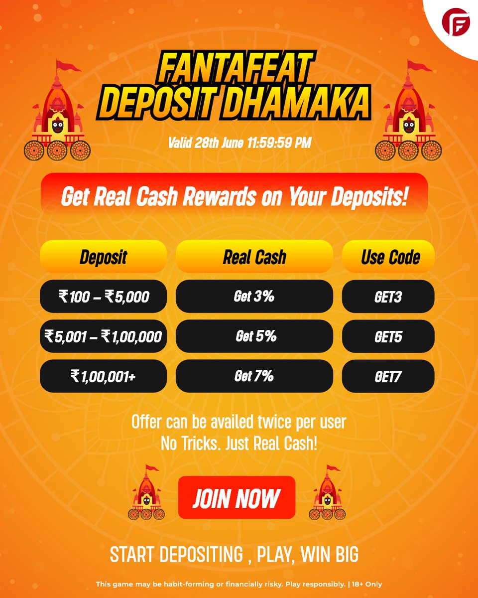 FantaFeatApp's tweet photo. 🚀 Fantafeat Deposit Dhamaka Alert! 🎉

Celebrate Jagannath Rathyatra in style—grab REAL cash rewards on your deposits! 💰

✅ No Tricks. Just Real Cash.
✅ Twice per user.

🔥 Start Depositing ➡️ Play ➡️ Win Big!

✨ Tap &amp; Triumph ✨
🔗 https://t.co/VZ2Vh4VDHf

#FantaFeat https://t.co/22TzK25ISS