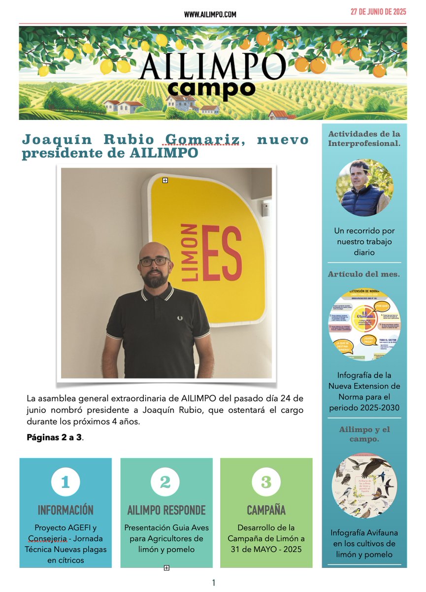 AILIMPO lanza el número 48 de AILIMPO CAMPO. 🧑‍🌾Este boletín mensual pretende llevar la actualidad y noticias 📰 del sector a los productores de limón 🍋 y pomelo 🍊, empleando un formato fresco, dinámico y fácil de leer.

ailimpo.com/wp-content/upl…
