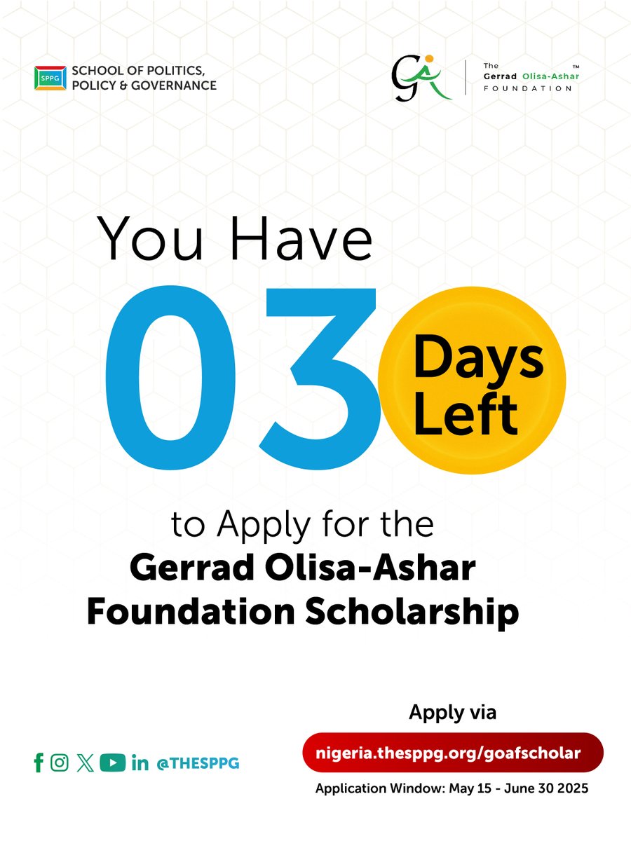 Did you know the Gerrard-Olisah Ashar Foundation Scholarship ends in 3 DAYS?

If you’ve been stalling or overthinking, this is your sign to Apply Today.

📅 Deadline: June 30, 2025
📝 Step 1: Apply to SPPG → nigeria.thesppg.org/apply
🎓 Step 2: Apply for GOAF →