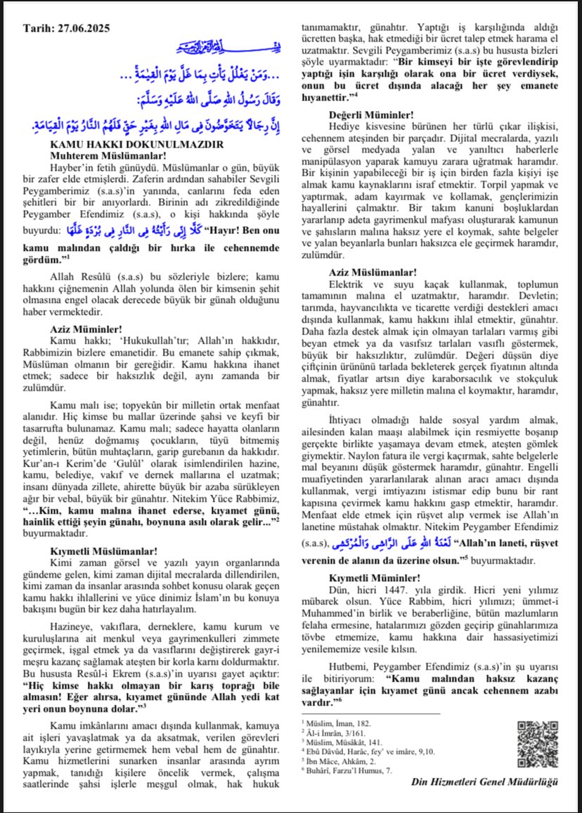 Kim hazırladıysa ellerine sağlık.  Kamu malı hassasiyeti olmayan, makamını, mevkisini, kamu gücünü şahsi çıkarı için kullananlara ders olur inşallah. 
#hutbe