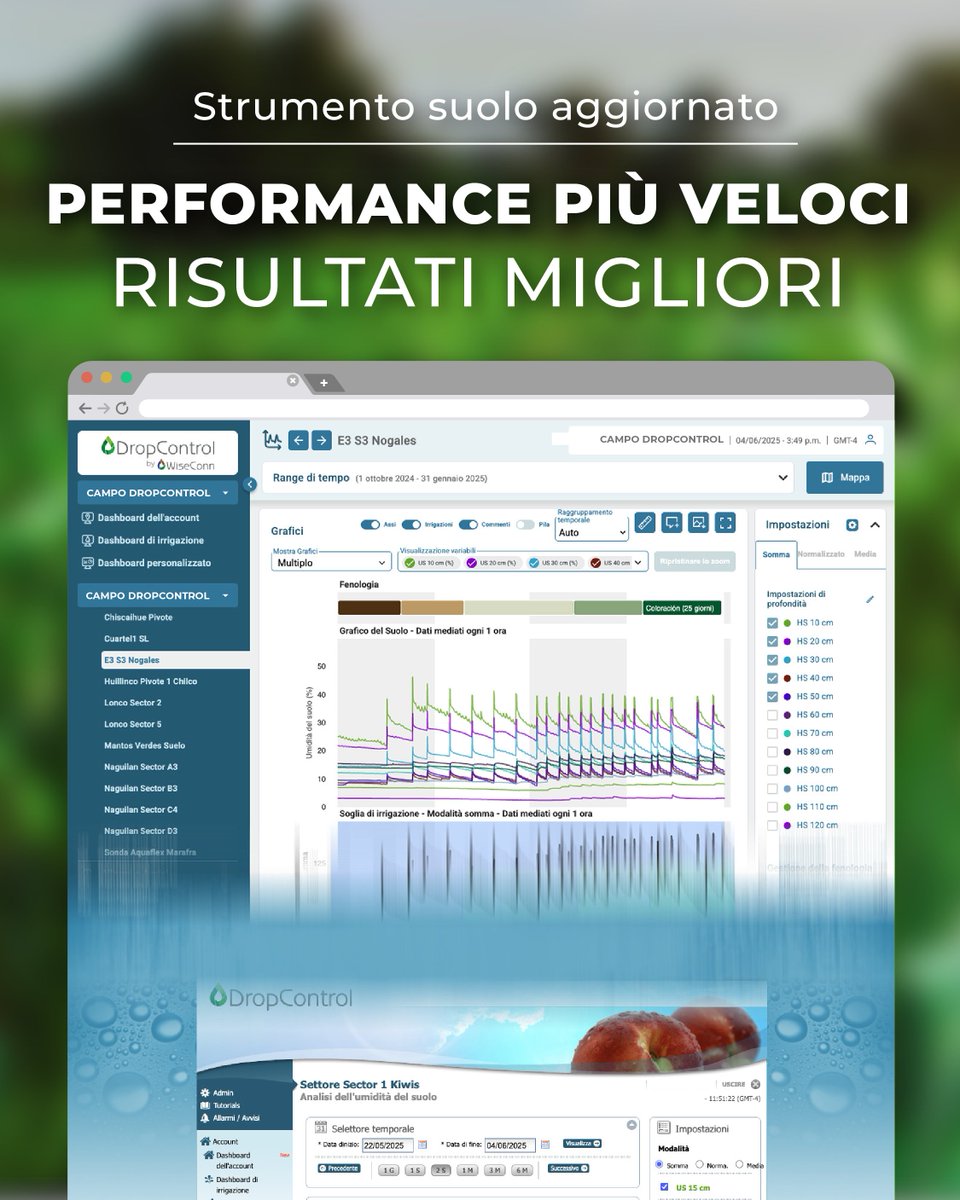 WiseconnEurope's tweet image. Abbiamo aggiornato il nostro strumento di monitoraggio dell’umidità del suolo in #DropControl per renderlo più veloce, intuitivo ed efficiente. Con una visibilità migliore, è possibile ottimizzare l’irrigazione in tempo reale e prendere decisioni più precise💧📱