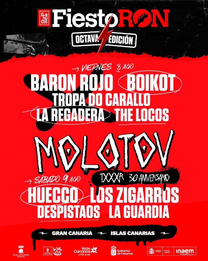 No falta nada para vivir los dos días del FiestoRon¡Que no te lo cuenten!

📷 Line up: <a href="/molotovbanda/">Molotov</a> @baron_rojo_oficial <a href="/boikot/">diego dias cardenas.</a>.official.page <a href="/huecco/">HUECCO</a> @loszigarros <a href="/despistaos/">Despistaos</a> <a href="/la__guardia/">La Guardia Oficial</a> @tropadocarallopunk <a href="/laregaderabanda/">La Regadera Oficial</a> @thelocos_oficial
📷 8 y 9 de Agosto
📷 Gran Canaria