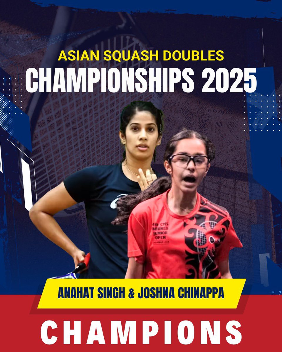एशियन डबल्स स्क्वैश चैंपियनशिप में भारतीय खिलाड़ियों अनाहत सिंह, श्वेलवन सेंथिल कुमार,अभय सिंह एवं जोशना चिनप्पा द्वारा प्रतियोगिता के सभी खिताब जीतने पर हार्दिक बधाई एवं शुभकामनाएँ।

आप सभी ने राष्ट्र का गौरव बढ़ाया है। इस उत्कृष्ट उपलब्धि पर देश को आप पर गर्व है।

#squash