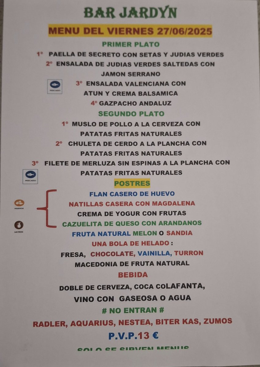 BARJARDYN11's tweet photo. BUENOS DÍAS.                                    MENU DEL VIERNES 🥘🥗🍷🍻🍉 https://t.co/gfwILCmhOE