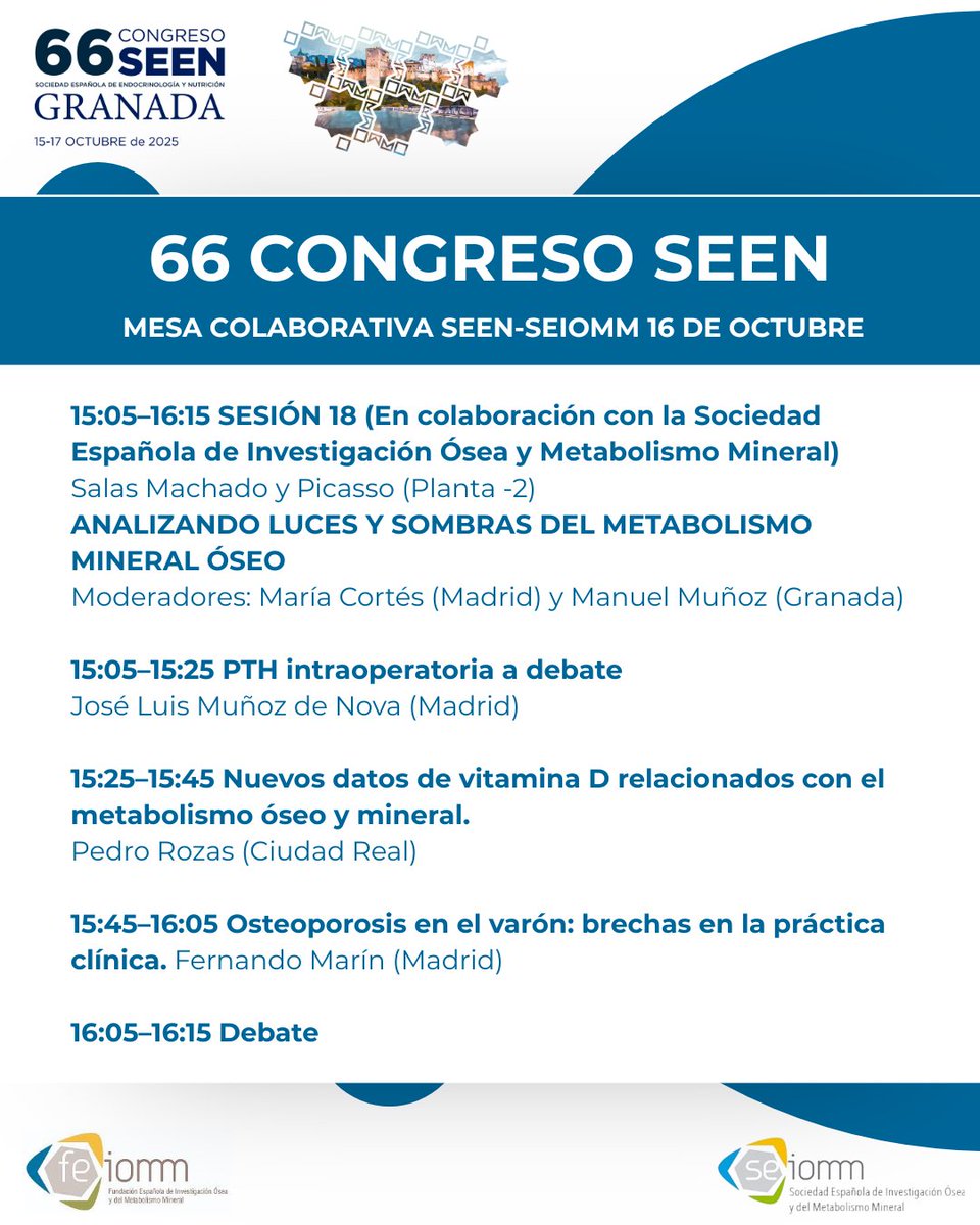 seiomm's tweet image. Mesa colaborativa SEEN–SEIOMM en el 66 Congreso SEEN 🧩
¡Nos vemos en Granada el 16 de octubre!
👥 Una sesión conjunta para seguir fortaleciendo la colaboración entre SEEN y SEIOMM
📅 Consulta la programación completa de la mesa
👉 Toda la info en: congresoseen2025.com/programa