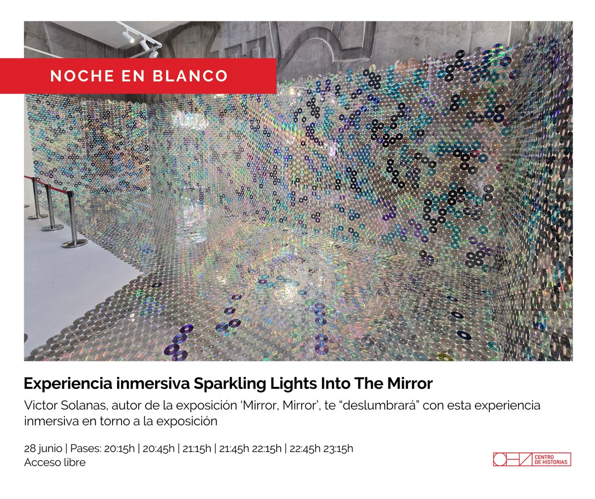 🌚NOCHE EN BLANCO⚪️  Víctor Solanas, autor de la exposición ‘Mirror, Mirror’, te “deslumbrará”✨💿💽 con esta experiencia inmersiva!
📍28 de junio. Pases: 20:15h | 20:45h | 21:15h | 21:45h | 22:15h | 22:45h | 23:15h. Acceso libre.
#CentrodeHistoriasZGZ