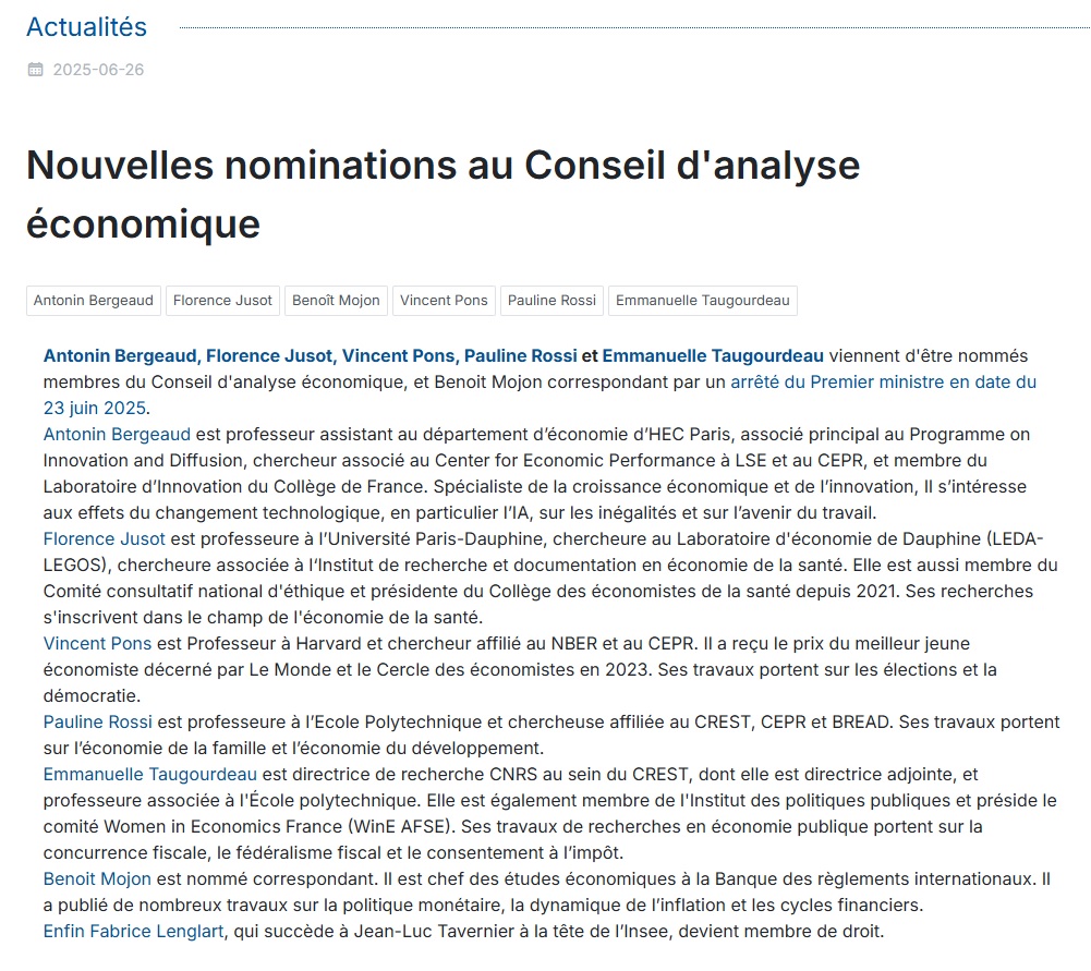 Xavier Jaravel (@xjaravel) on Twitter photo 🎉 Nous sommes très heureux et chanceux d’accueillir de nouveaux membres au Conseil d’analyse économique <a href="/CAEinfo/">Conseil d'analyse économique</a> : Antonin Bergeaud, Florence Jusot, Vincent Pons, Pauline Rossi et Emmanuelle Taugourdeau. Benoit Mojon nous rejoint comme membre correspondant <a href="/a_bergeaud/">Antonin Bergeaud</a> <a href="/VinPons/">Vincent Pons</a> 🎉 Nous sommes très heureux et chanceux d’accueillir de nouveaux membres au Conseil d’analyse économique <a href="/CAEinfo/">Conseil d'analyse économique</a> : Antonin Bergeaud, Florence Jusot, Vincent Pons, Pauline Rossi et Emmanuelle Taugourdeau. Benoit Mojon nous rejoint comme membre correspondant <a href="/a_bergeaud/">Antonin Bergeaud</a> <a href="/VinPons/">Vincent Pons</a>
