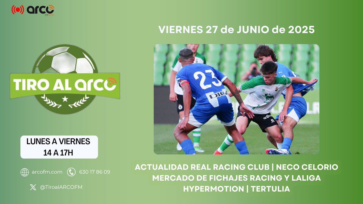Tiro al ARCO (@tiroalarcofm) on Twitter photo Hoy, desde las 14:00, en <a href="/ArcoFMCantabria/">ARCO FM Cantabria</a>:
👉🏽Repasamos la actualidad del <a href="/realracingclub/">Real Racing Club</a>
👉🏽Hablamos con Neco Celorio, jugador del <a href="/realracingclub/">Real Racing Club</a> que ha estado cedido en el <a href="/AlgecirasCF/">Algeciras CF</a>
👉🏽Balance de la temporada con los miembros de <a href="/TiroalARCOFM/">Tiro al ARCO</a>
👉🏽Mercado de fchajes en <a href="/LaLiga2/">LALIGA HYPERMOTION</a> Hoy, desde las 14:00, en <a href="/ArcoFMCantabria/">ARCO FM Cantabria</a>:
👉🏽Repasamos la actualidad del <a href="/realracingclub/">Real Racing Club</a>
👉🏽Hablamos con Neco Celorio, jugador del <a href="/realracingclub/">Real Racing Club</a> que ha estado cedido en el <a href="/AlgecirasCF/">Algeciras CF</a>
👉🏽Balance de la temporada con los miembros de <a href="/TiroalARCOFM/">Tiro al ARCO</a>
👉🏽Mercado de fchajes en <a href="/LaLiga2/">LALIGA HYPERMOTION</a>