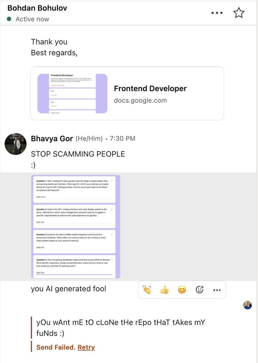 Only way to stop yourself from getting scammed on linkedin  - 
Didnt clone the repo
Filled the form with didnt ask dont care
Scammer runs away and blocks me