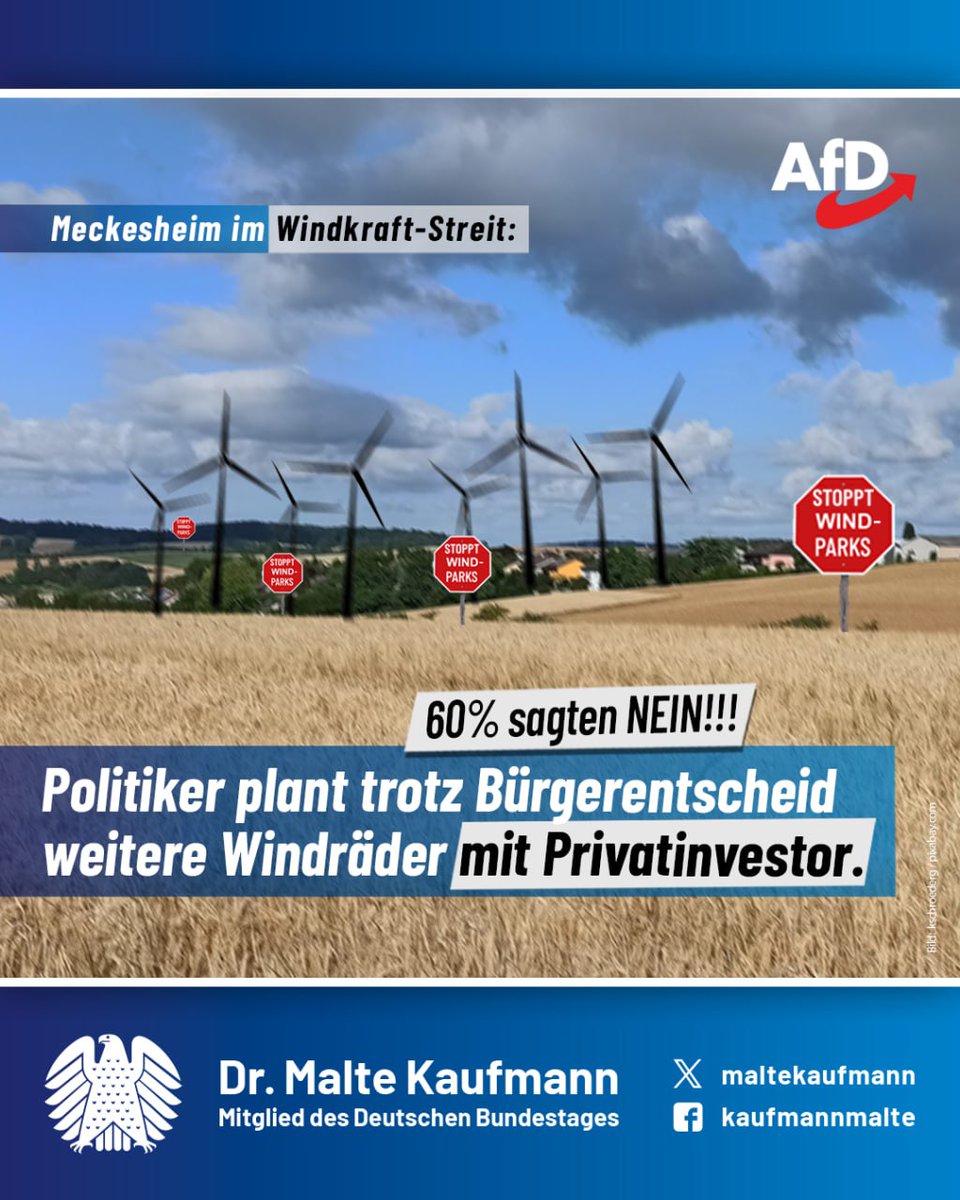 Windkraft-Ärger in Meckesheim: #CDU-Ortsvorsitzender missachtet den Bürgerwillen – die #AfD setzt sich für ihn ein!

Trotz einem eindeutigem Nein (60%!) im Bürgerentscheid 2023 plant #Meckesheim jetzt neue Windkraftprojekte– am Bürger vorbei! Dagegen gehen wir entschieden vor.