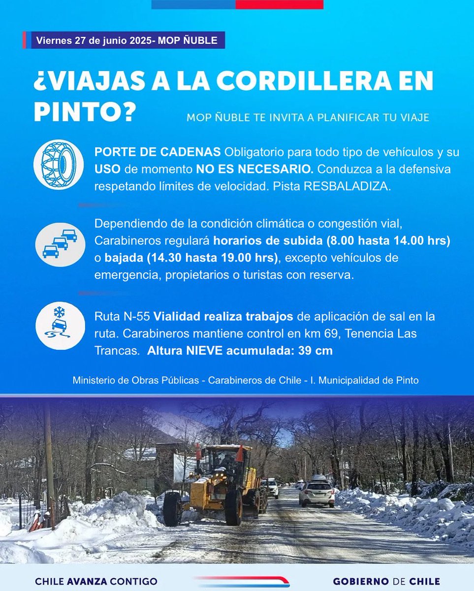 ⛄️ ⚠️ BUEN Viernes 🙌 𝗜𝗡𝗙𝗢𝗥𝗠𝗔𝗖𝗜𝗢́𝗡!! 𝗲𝘀𝘁𝗮𝗱𝗼 𝗿𝘂𝘁𝗮 𝗡-𝟱𝟱 desde #Pinto a #Nevados de #Chillán transitable con precaución, pidta RESBALADIZA.  De momento NO es necesario el uso de cadenas, pero su porte es obligatorio.
(Viernes 27 de junio 2025)