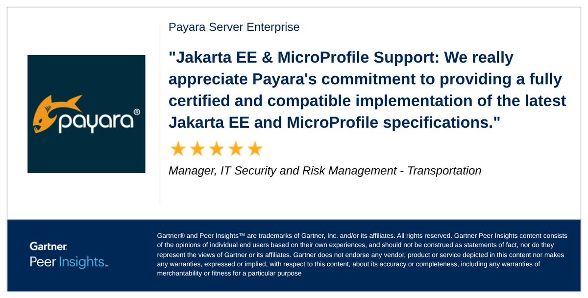 Manager,  IT Security  and Risk  Management in the Transportation Industry gives Payara Server Enterprise 5/5 Rating in Gartner Peer Insights™ Application Platforms Market. Read the full review here: hubs.ly/Q03pfPl30 #gartnerpeerinsights