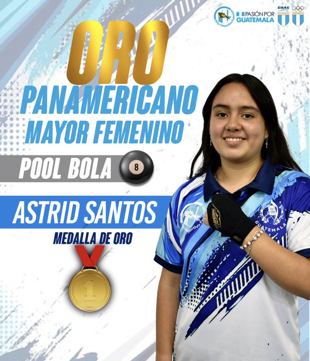 🎱💙 ¡Guatemala lleva varias medallas ganadas en los Campeonatos Panamericanos de Billar 2025! 🇬🇹. La Quetzalteca 🥇 Astrid Santos tuvo un gran debut en la élite de América al conquistar el oro en bola 8, se preparan rumbo a los Juegos Deportivos Centroamericanos Guatemala 2025